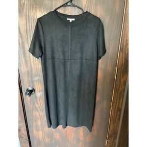 Joh. Black Faux Suede Short Sleeve Shift Dress Crew Neck Womens Medium